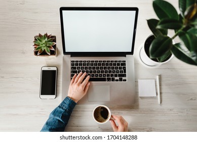 Young girl freelancer works on laptop computer with blank screen. Woman hands on keyboard, hold cup of coffee. Online education, shopping. Work home. Browsing internet, chatting, blogging. Top view. - Powered by Shutterstock