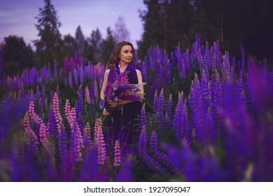 A young girl in gradient haute couture dress in black  purple   white colors standing among blooming lupine field in the evening twilight 