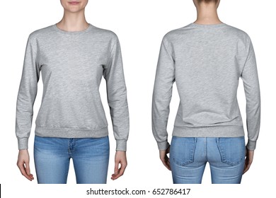 Young Girl In Gray Sweatshirt, Gray Hoodies. White Background