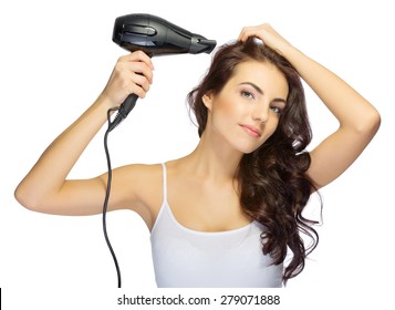 Young girl with hair dryer isolated