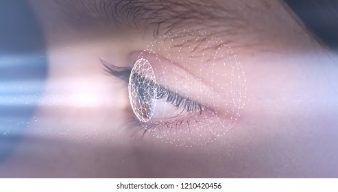 Young Girl Having A Futuristic Eye Scan Using Facial Recognition Technology 