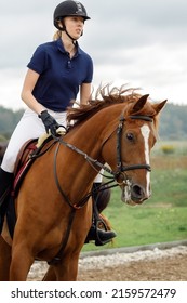 A Young Girl With A Helmet Rides A Horse In A Riding Competition. Portrait Up Close At High Riding Speed And Horse Motion.