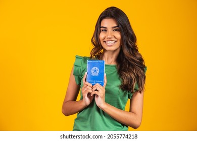 Young Girl Holding The Brazilian Work Card