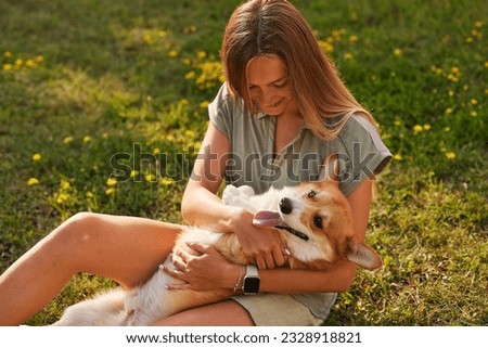 young girl hugging pembroke welsh corgi in the park in sunny weather, happy dogs concept
