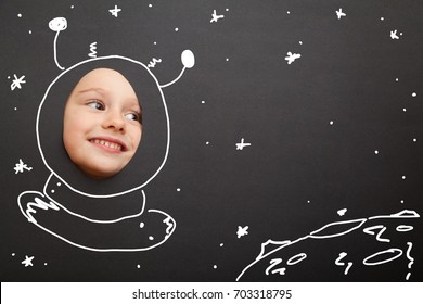 Young Girl In The Image Of Astronaut With A Cute Smile. Photo Face Stand-in Cutout