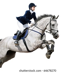 Young girl jumping with grey horse - isolated on white - Powered by Shutterstock