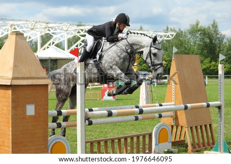 Young girl jumping obstacle with bay horse