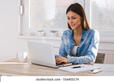 Young Girl With Laptop Computer, Sitting In Bright Living Room, Looking At Screen.