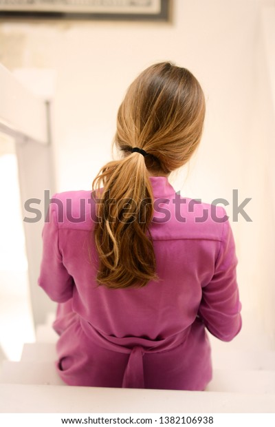 Young Girl Light Brown Hair Sitting Stock Photo Edit Now 1382106938