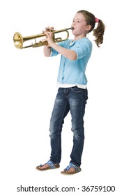 Young Girl Making Music On Trumpet Against White Background