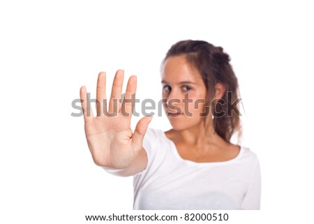 Young Girl with open hand on white