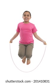 Young Girl Performing Rope Skipping Isolated on White Background
