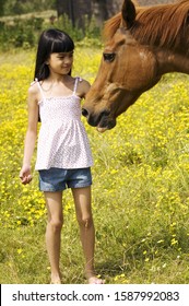 Young Girl Petting Horse In Pasture