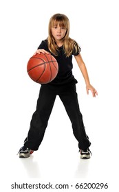 Young Girl Playing Basketball Isolated Over White Background