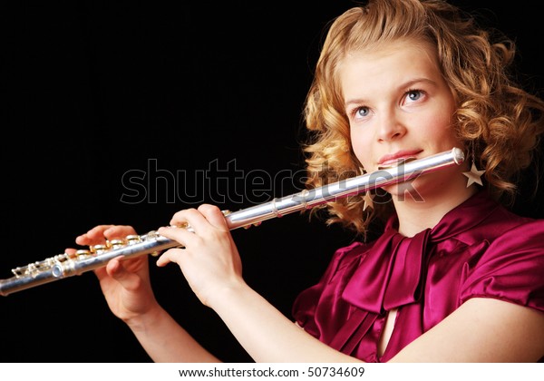 Young Girl Playing Flute On Black Stock Photo 50734609 