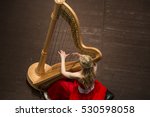 A young girl playing the harp during concert at musical theater