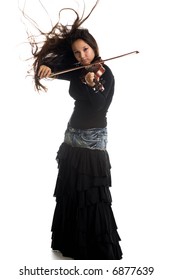 A Young Girl Playing Violin, Isolated On White