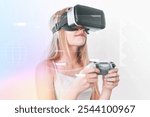 Young girl playing VR game, entertainment technology. Woman gaming with VR headset device, innovative VR technology hologram overlay, high-tech futuristic virtual reality technology concept.