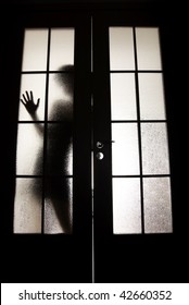 Young girl posing behind the glass door