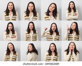 A young girl posing with many different facial expressions. On white background.
