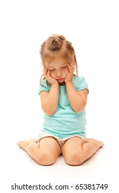 Young Girl Posing Sad On Isolated White Background.