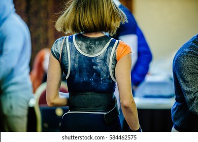 Young Girl Powerlifter On Back Talc Competitions In Powerlifting