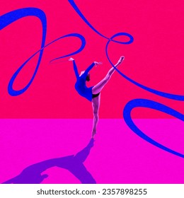 Young girl, professional rhythmic gymnast athlete in motion, making performance with ribbon. Contemporary art collage. Concept of professional sport, healthy and active lifestyle. Banner, flyer, ad