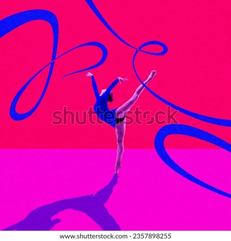 Young girl, professional rhythmic gymnast athlete in motion, making performance with ribbon. Contemporary art collage. Concept of professional sport, healthy and active lifestyle. Banner, flyer, ad