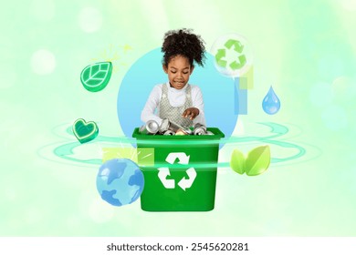 Young girl recycling, African descent, sorting cans into a green recycling bin. Recycling symbols, eco-friendly icons, and green leaves surround her. Environment and recycling for kids, mixed media. - Powered by Shutterstock