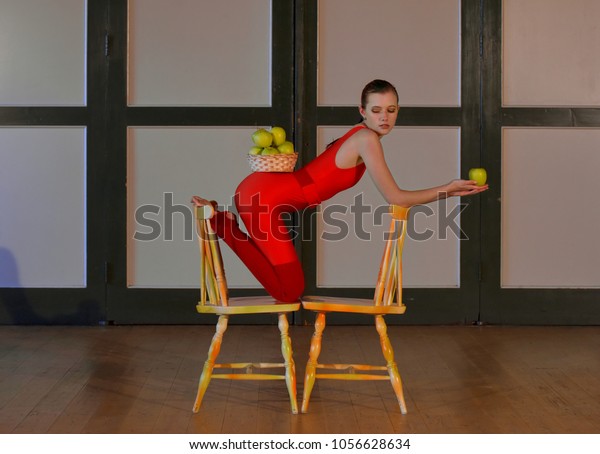 Young Girl Red Dance Suit On Stock Photo Edit Now 1056628634