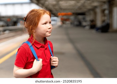 Young Girl With Red Hair Waiting at Bustling Train Station During Sunny Afternoon - Powered by Shutterstock