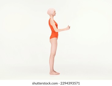 Young girl in red swimsuit and swimming cap standing with hands holding together isolated over white background. Side view. Concept of retro style, sport, fashion, youth, vintage. Copy space for ad