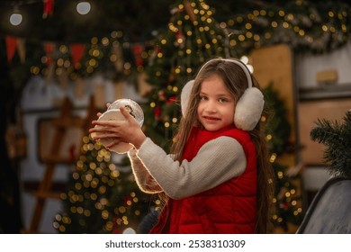 Young girl in red vest and earmuffs admires glowing snow globe, sitting near Christmas tree with warm holiday lights in the background. Back yard of Camping van - Powered by Shutterstock