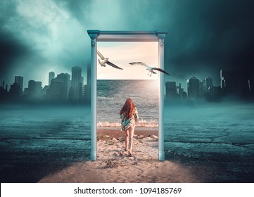 Young Girl Running Through A Door Leading To A Tropical Beach In A Background Of Dark And Cold City. The Concept Of Escape .
