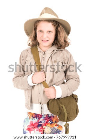 Young girl with Safari clothes isolated in white