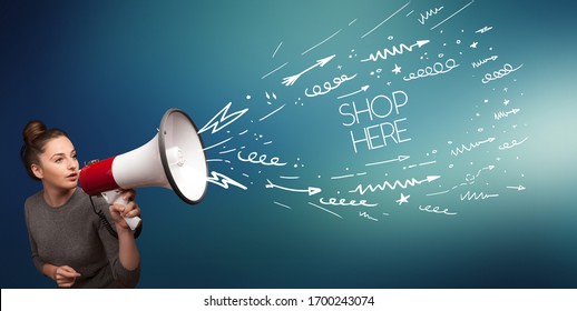 Young Girl Screaming To Megaphone With SHOP HERE Inscription, Shopping Concept