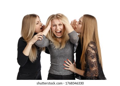 The young girl screams, because she can no longer tolerate lies from all sides. Concept photo. Isolated on a white background. - Shutterstock ID 1768346330