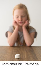 A young girl sits at a table across from a single marshmallow, attempting the marshmallow test - Shutterstock ID 1453956755