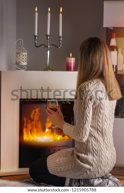 Young Girl Sitting Front Fireplace Warming Stock Image Download Now