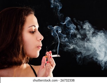 Young Girl Soking Cigarette On Black Stock Photo (edit Now) 26732338