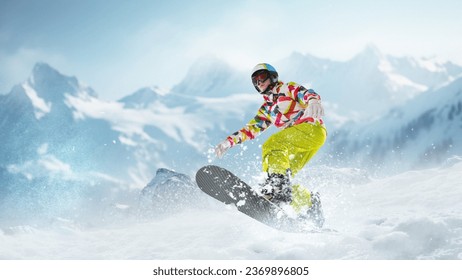 Young girl in sportswear sliding on snowboard over snowy mountains background. Winter activity. Concept of winter sport, action, motion, hobby, leisure time. Banner. Copy space for ad