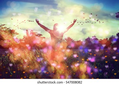 Young girl spreading hands with joy and inspiration facing the sun,sun greeting,freedom concept,bird flying above sign of freedom and liberty,heart bokeh - Shutterstock ID 547008082