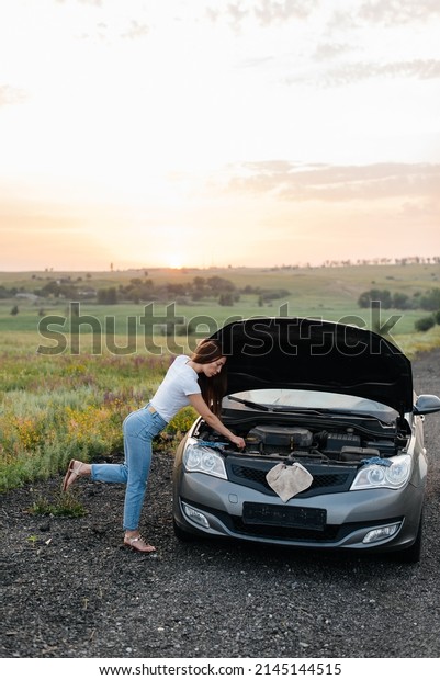 A young girl\
stand near a broken car in the middle of the highway during sunset\
and tries to repair it. Troubleshooting the problem. Car service.\
Car breakdown on the road.