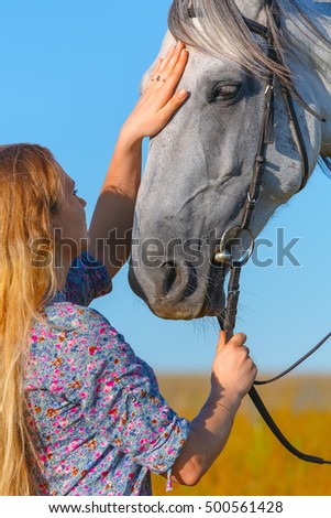 Young girl stroking a beautiful grey horse on the head.
The horse of the Orlovsky breed in nature.
