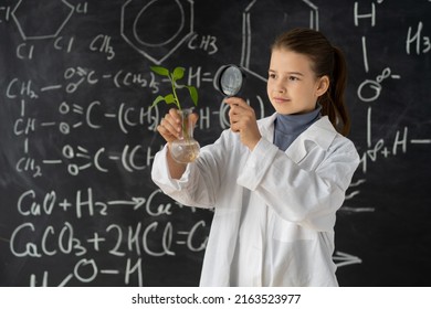 Young Girl Studies Small Plant In Elementary Science Class. Student Holding Magnifying Glass. Earth Day Holiday Concept. World Environment Day. Educational Concept.