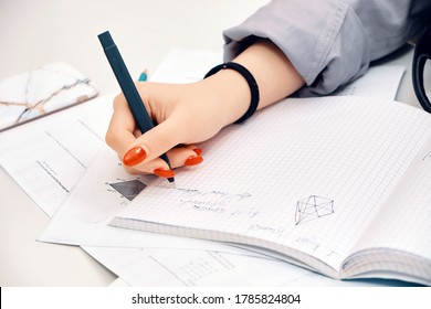 Young Girl Studying Using Pen And A Notebook, Preparation For SAT, Preparation For ACT, CLT,  Preparation For Math Exam, Standardized Test Preparation