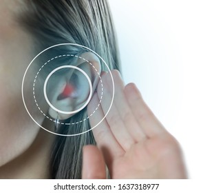 Young Girl With Symptom Of Hearing Loss. Close Up. Isolated On White Background.