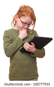 Young Girl With Tablet Computer On White Background