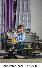 A Young Girl Is Taking Online Class During Covid-19 Pandemic In India By Using Laptop Conducted By School