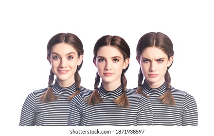 Young Girl With Three Facial Expressions Happy Neutral And Angry On White Background With Copy Space. Concept Of Mood Change